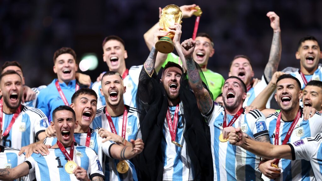 Argentina lifting the 2022 FIFA World Cup trophy