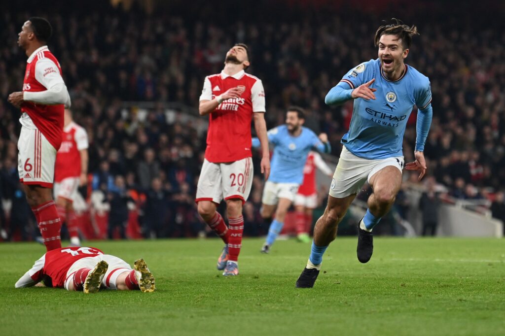 Jack Grealish celebrating his crucial goal against the Gunners