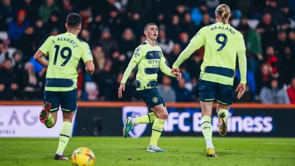 Julian Alvarez and Erling Haaland joining Phil Foden to celebrate his goal against Bournemouth