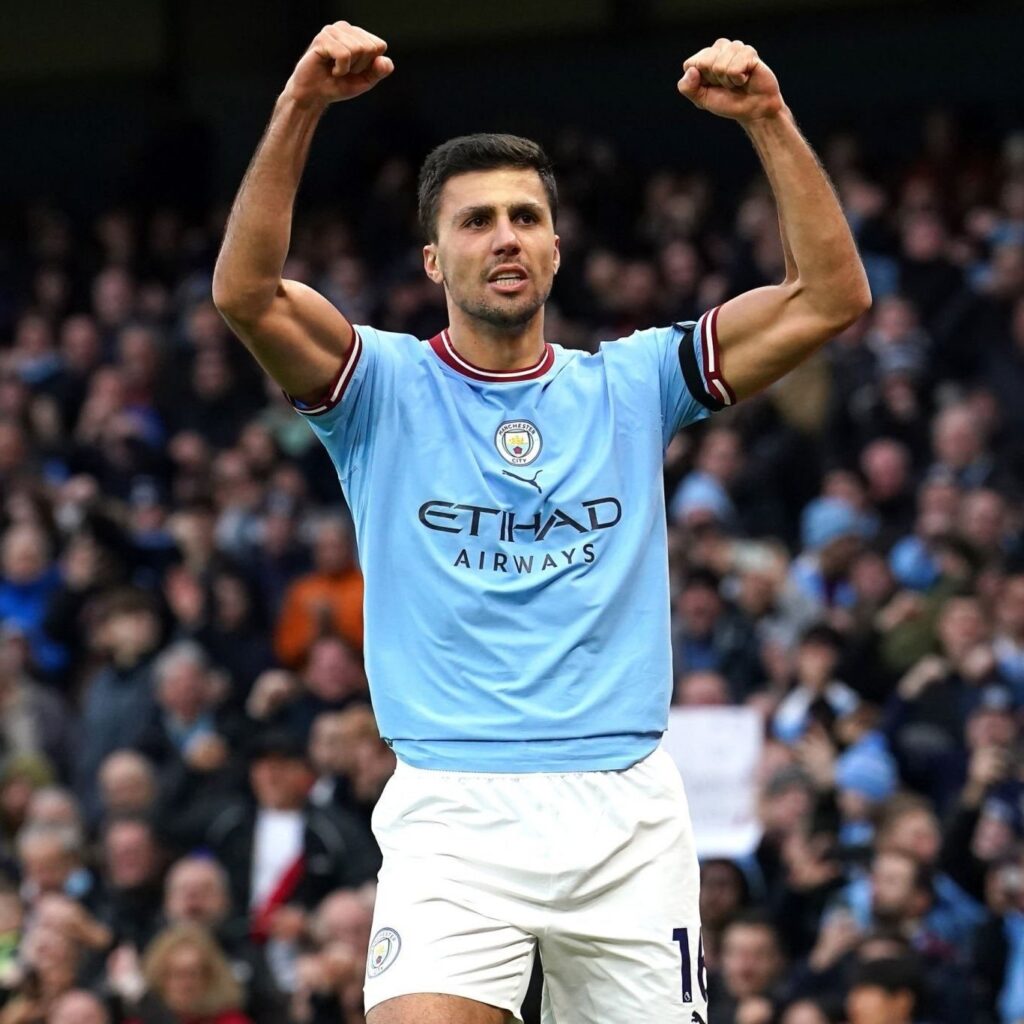 Rodri celebrating his goal against Aston Villa