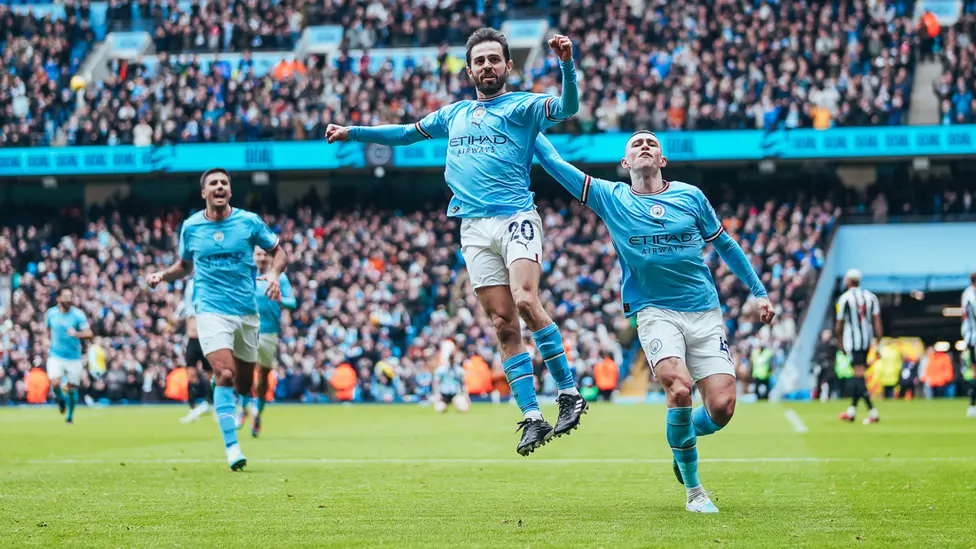 JUMPING FOR JOY - Bernardo Silva doubles celebrating his goal against Newcastle which proved to be a crucial one for City